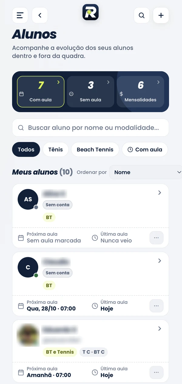 Tela de alunos do professor no app do Ranketes